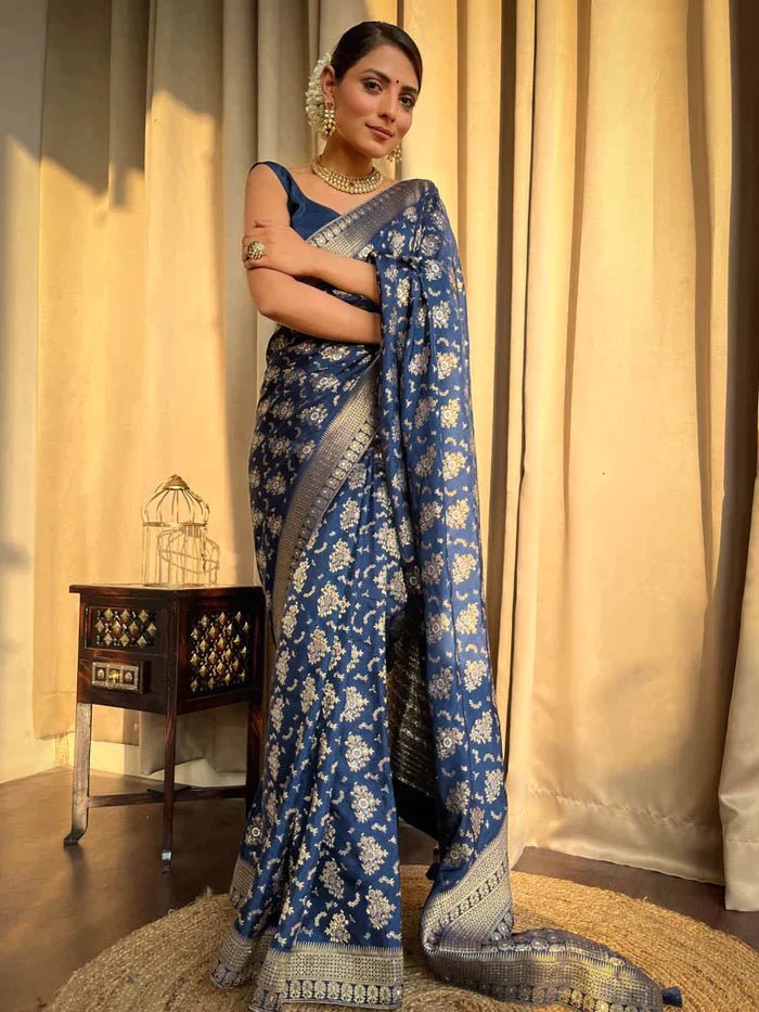 Blue Pure Banarasi Silk Saree With Twirling Blouse Piece - Almaari Fashion