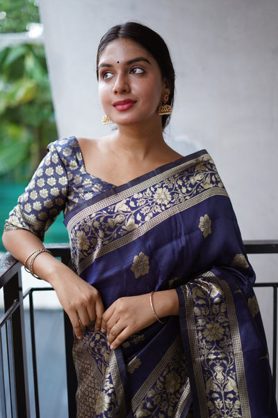Blue Pure Banarasi Silk Saree With Twirling Blouse Piece - Almaari Fashion