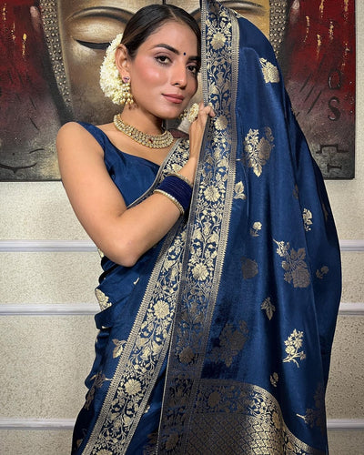 Blue Pure Banarasi Silk Saree With Twirling Blouse Piece - Almaari Fashion