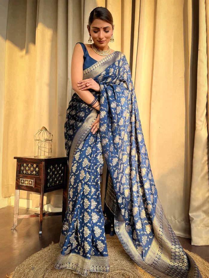 Blue Pure Banarasi Silk Saree With Twirling Blouse Piece - Almaari Fashion