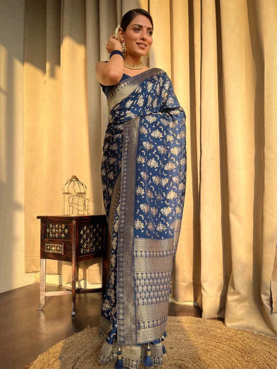 Blue Pure Banarasi Silk Saree With Twirling Blouse Piece - Almaari Fashion