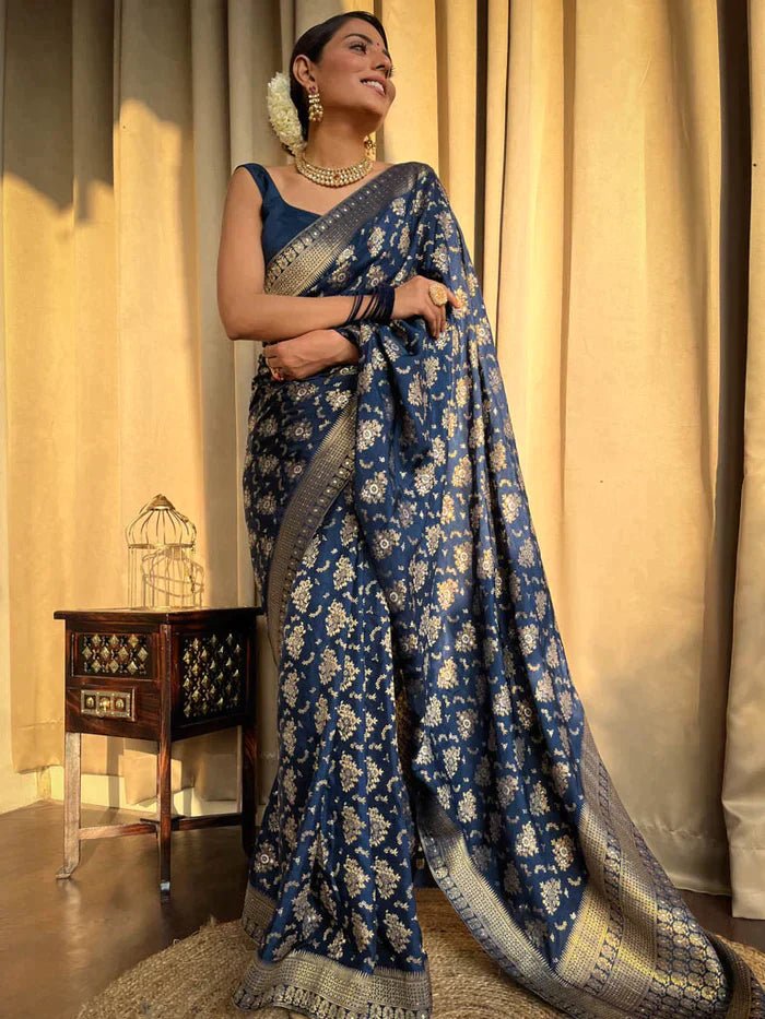 Blue Pure Banarasi Silk Saree With Twirling Blouse Piece - Almaari Fashion