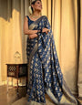 Blue Pure Banarasi Silk Saree With Twirling Blouse Piece