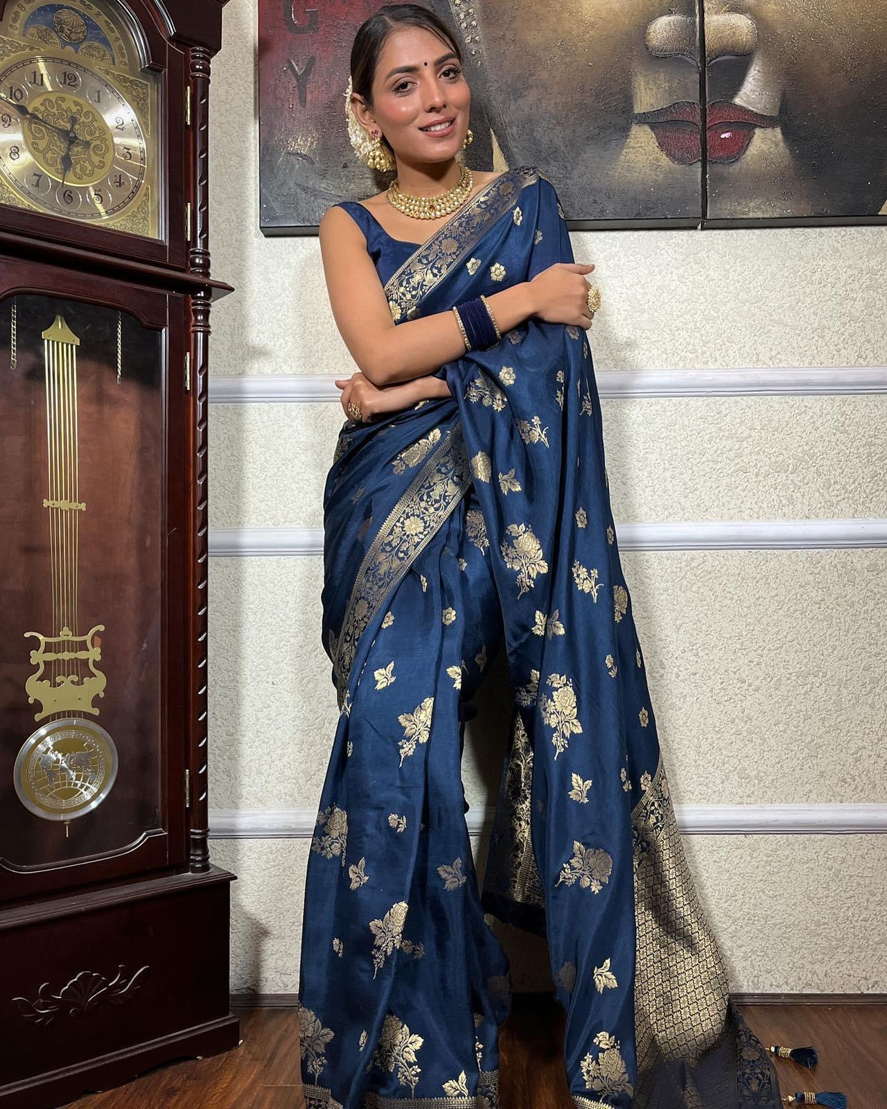 Blue Pure Banarasi Silk Saree With Twirling Blouse Piece - Almaari Fashion