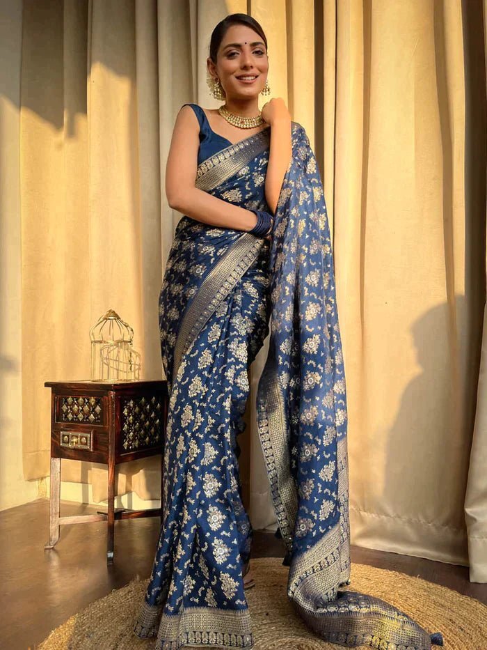 Blue Pure Banarasi Silk Saree With Twirling Blouse Piece - Almaari Fashion