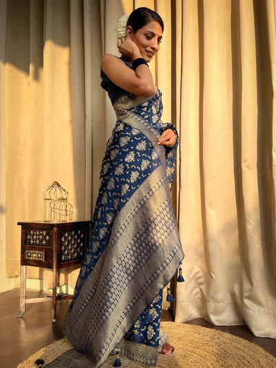 Blue Pure Banarasi Silk Saree With Twirling Blouse Piece - Almaari Fashion