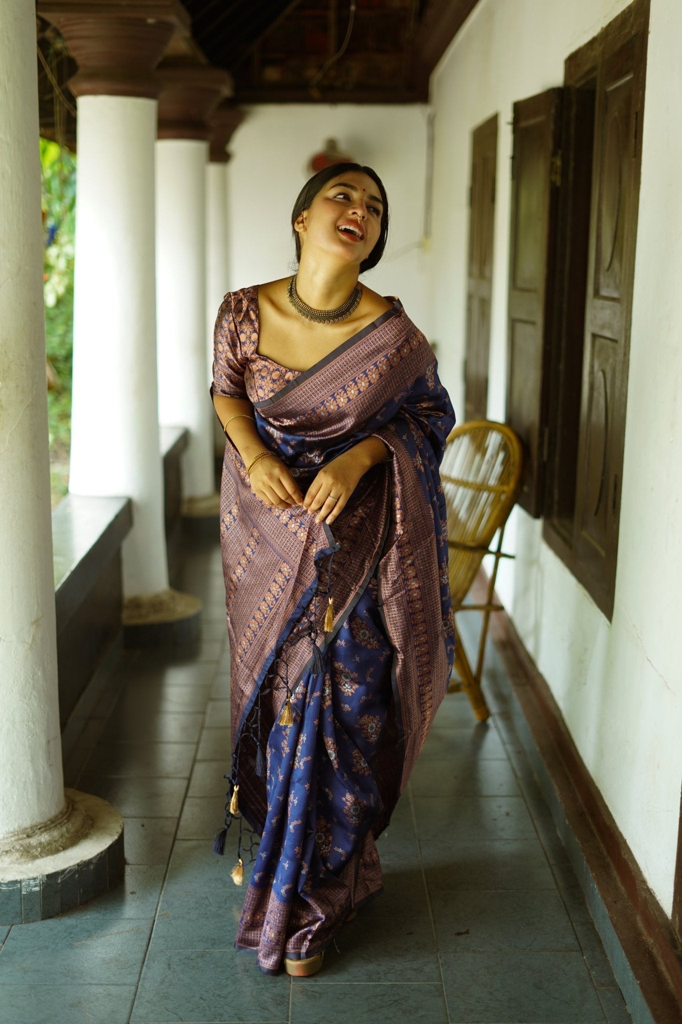 Blue Pure Banarasi Silk Saree With Twirling Blouse Piece - Almaari Fashion