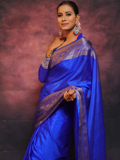 Blue Pure Banarasi Silk Weaved With Copper Zari Comes With Heavy Banarasi Brocade Blouse - Almaari Fashion