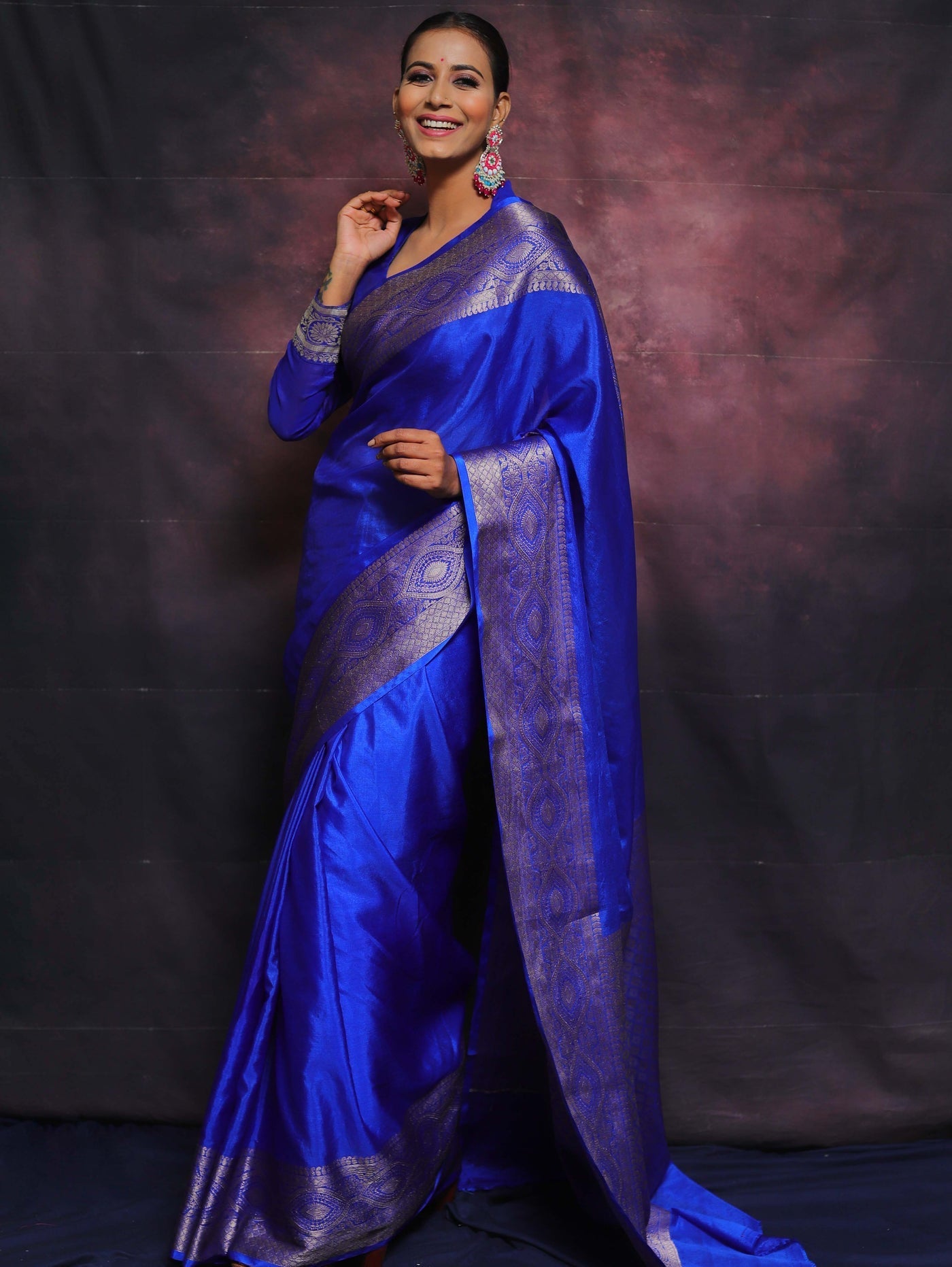 Blue Pure Banarasi Silk Weaved With Copper Zari Comes With Heavy Banarasi Brocade Blouse - Almaari Fashion