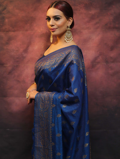 Blue Pure Banarasi Silk Weaved With Copper Zari Comes With Heavy Banarasi Brocade Blouse - Almaari Fashion