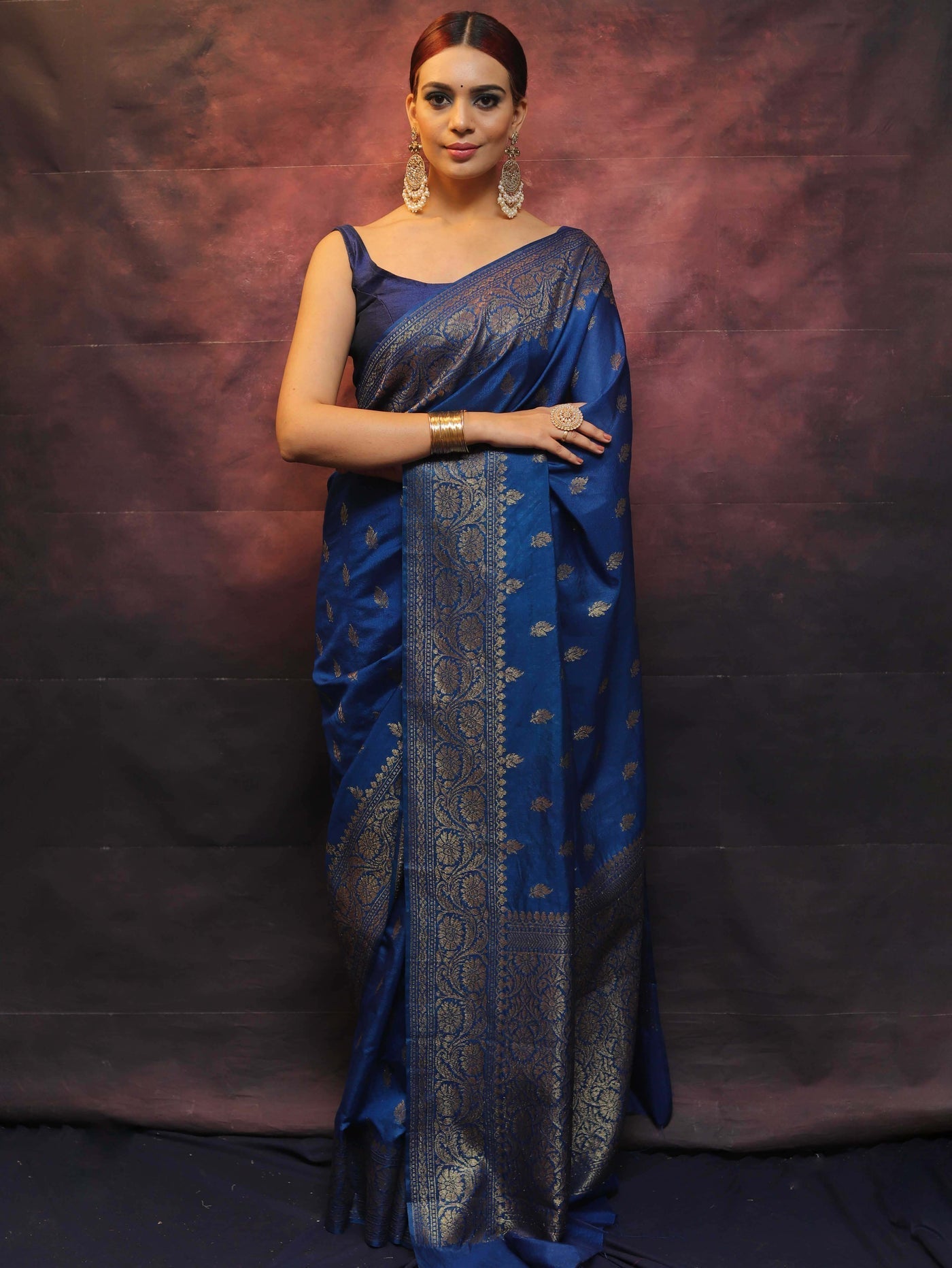 Blue Pure Banarasi Silk Weaved With Copper Zari Comes With Heavy Banarasi Brocade Blouse - Almaari Fashion