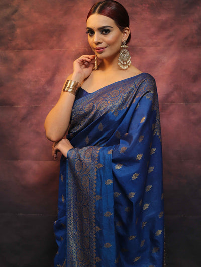 Blue Pure Banarasi Silk Weaved With Copper Zari Comes With Heavy Banarasi Brocade Blouse - Almaari Fashion