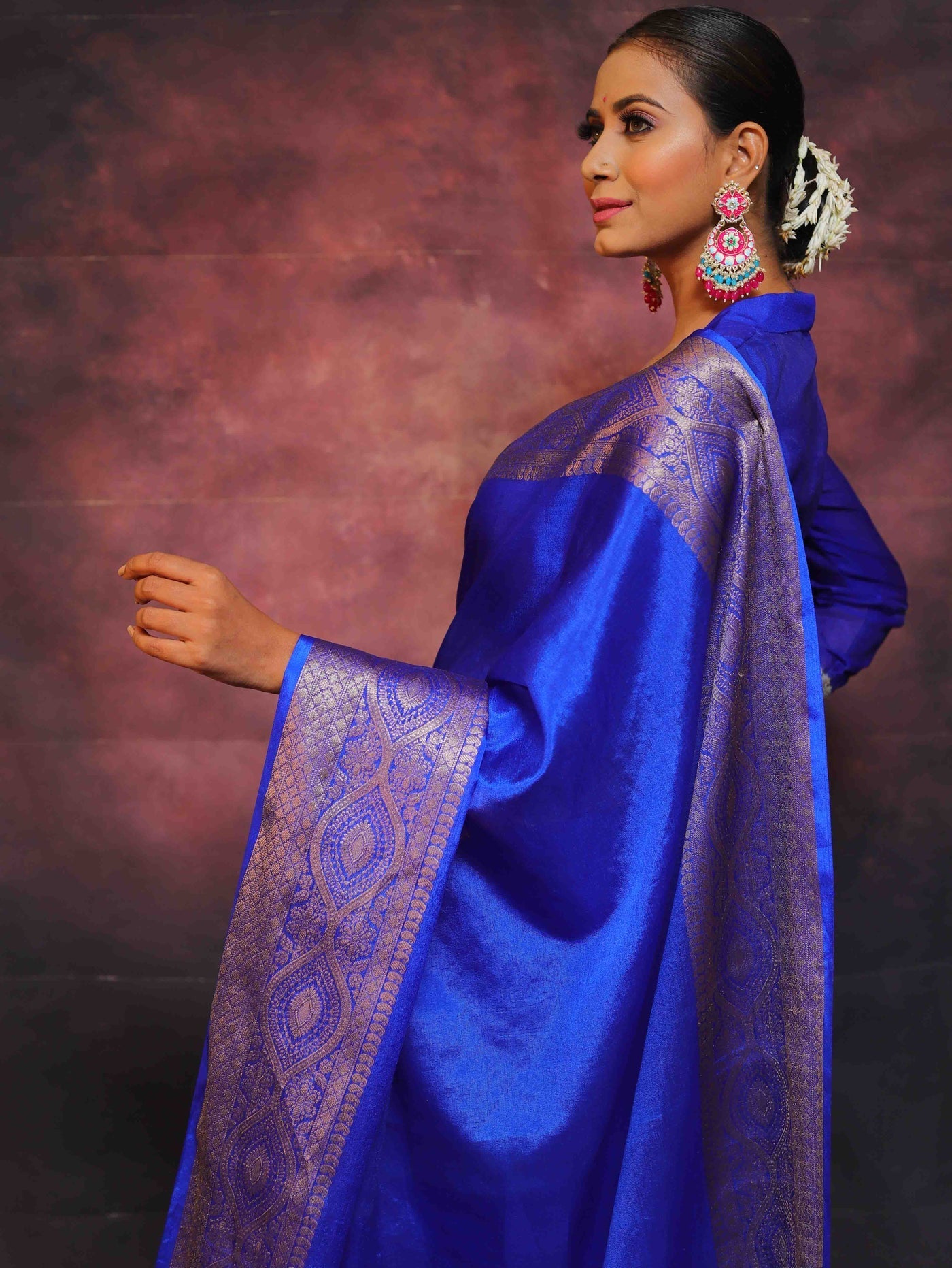 Blue Pure Banarasi Silk Weaved With Copper Zari Comes With Heavy Banarasi Brocade Blouse - Almaari Fashion
