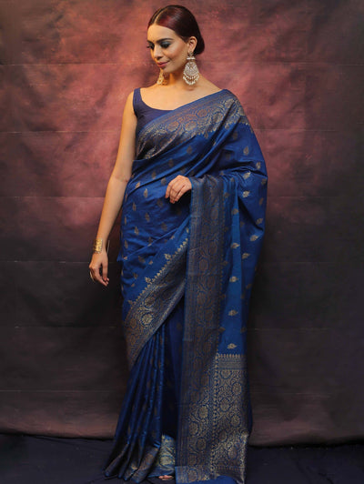 Blue Pure Banarasi Silk Weaved With Copper Zari Comes With Heavy Banarasi Brocade Blouse - Almaari Fashion