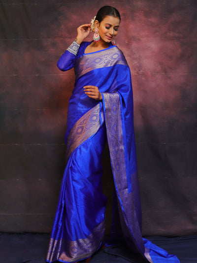 Blue Pure Banarasi Silk Weaved With Copper Zari Comes With Heavy Banarasi Brocade Blouse - Almaari Fashion