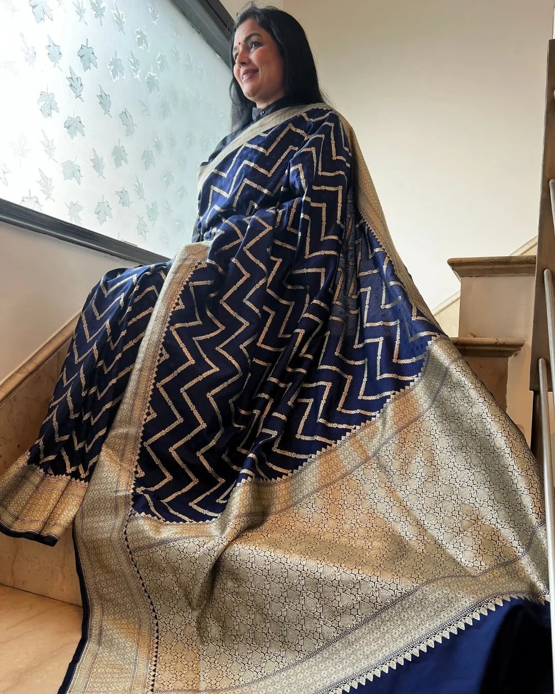 Blue Pure Banarasi Silk Weaved With Copper Zari Comes With Heavy Banarasi Brocade Blouse - Almaari Fashion