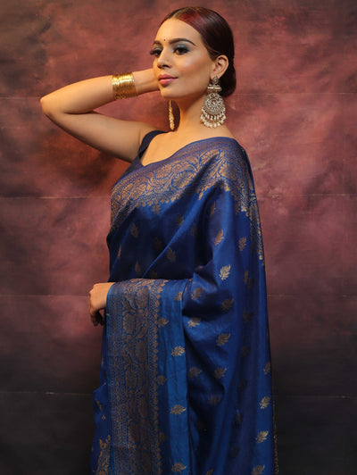 Blue Pure Banarasi Silk Weaved With Copper Zari Comes With Heavy Banarasi Brocade Blouse - Almaari Fashion