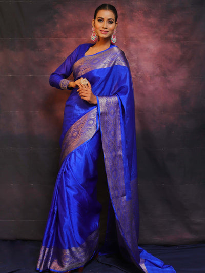 Blue Pure Banarasi Silk Weaved With Copper Zari Comes With Heavy Banarasi Brocade Blouse - Almaari Fashion