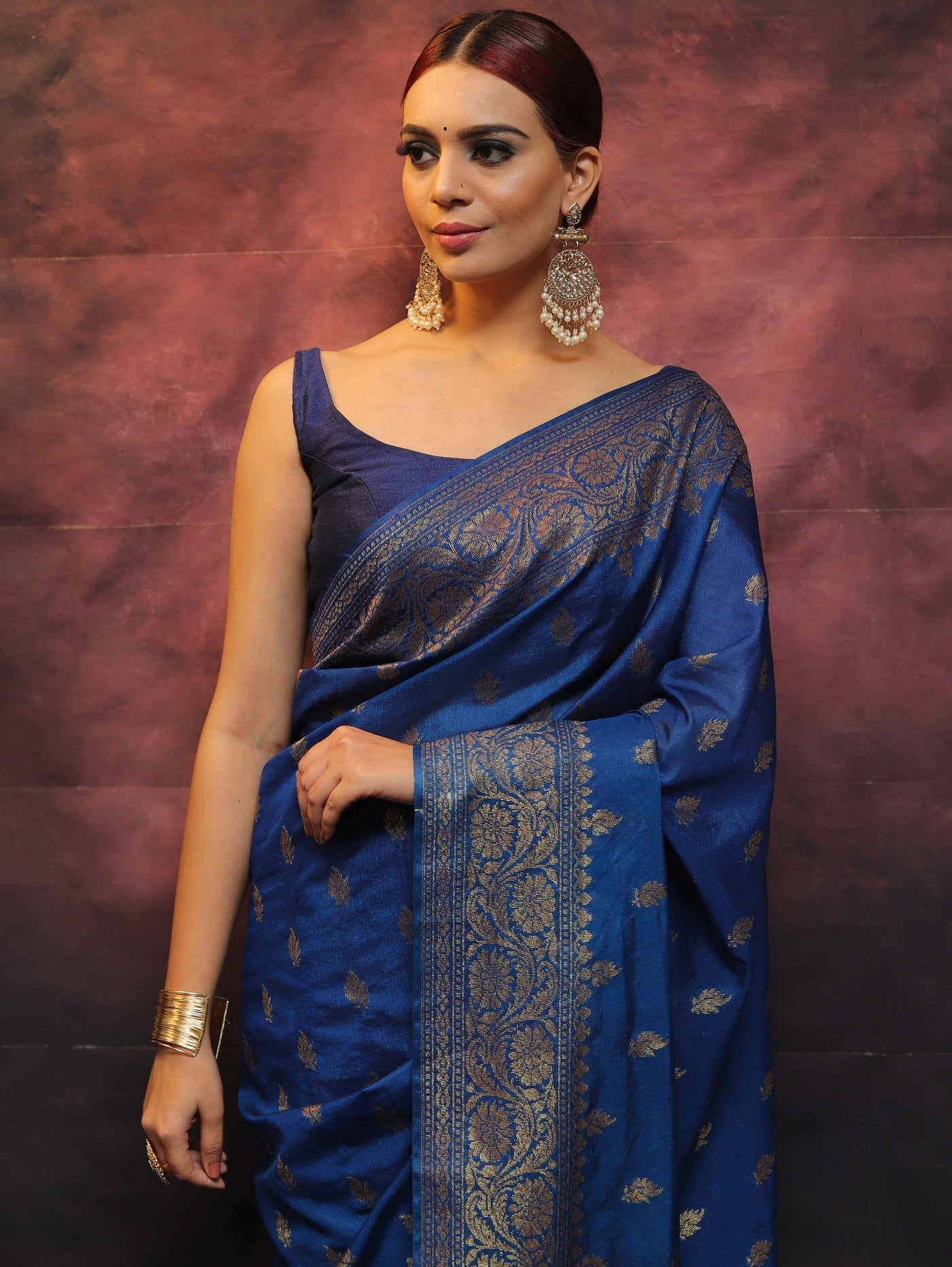 Blue Pure Banarasi Silk Weaved With Copper Zari Comes With Heavy Banarasi Brocade Blouse - Almaari Fashion