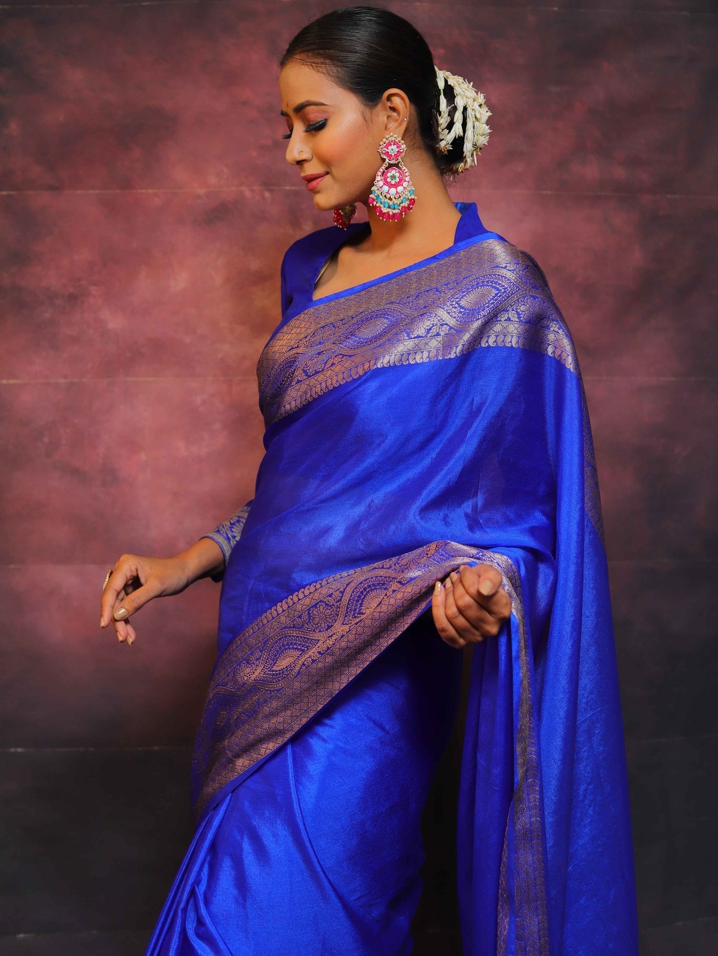 Blue Pure Banarasi Silk Weaved With Copper Zari Comes With Heavy Banarasi Brocade Blouse - Almaari Fashion