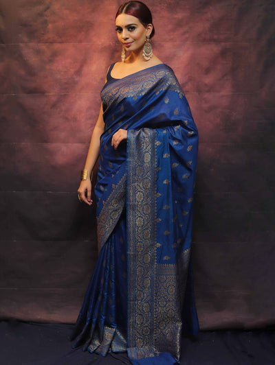 Blue Pure Banarasi Silk Weaved With Copper Zari Comes With Heavy Banarasi Brocade Blouse - Almaari Fashion