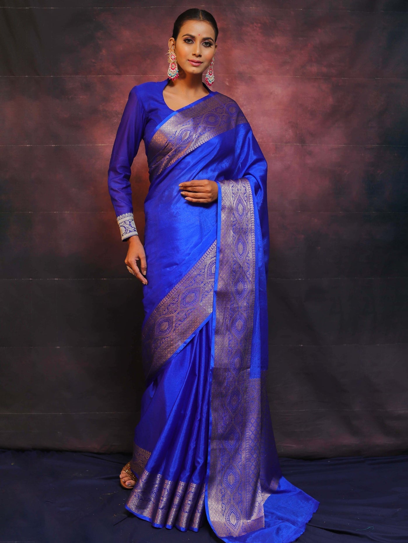 Blue Pure Banarasi Silk Weaved With Copper Zari Comes With Heavy Banarasi Brocade Blouse - Almaari Fashion