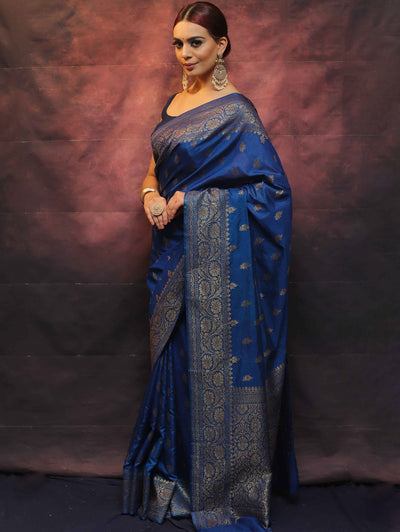 Blue Pure Kanjivaram Silk Weaved With Copper Zari Comes With Heavy Kanjivaram Brocade Blouse - Almaari Fashion