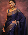 Blue Pure Kanjivaram Silk Weaved With Copper Zari Comes With Heavy Kanjivaram Brocade Blouse