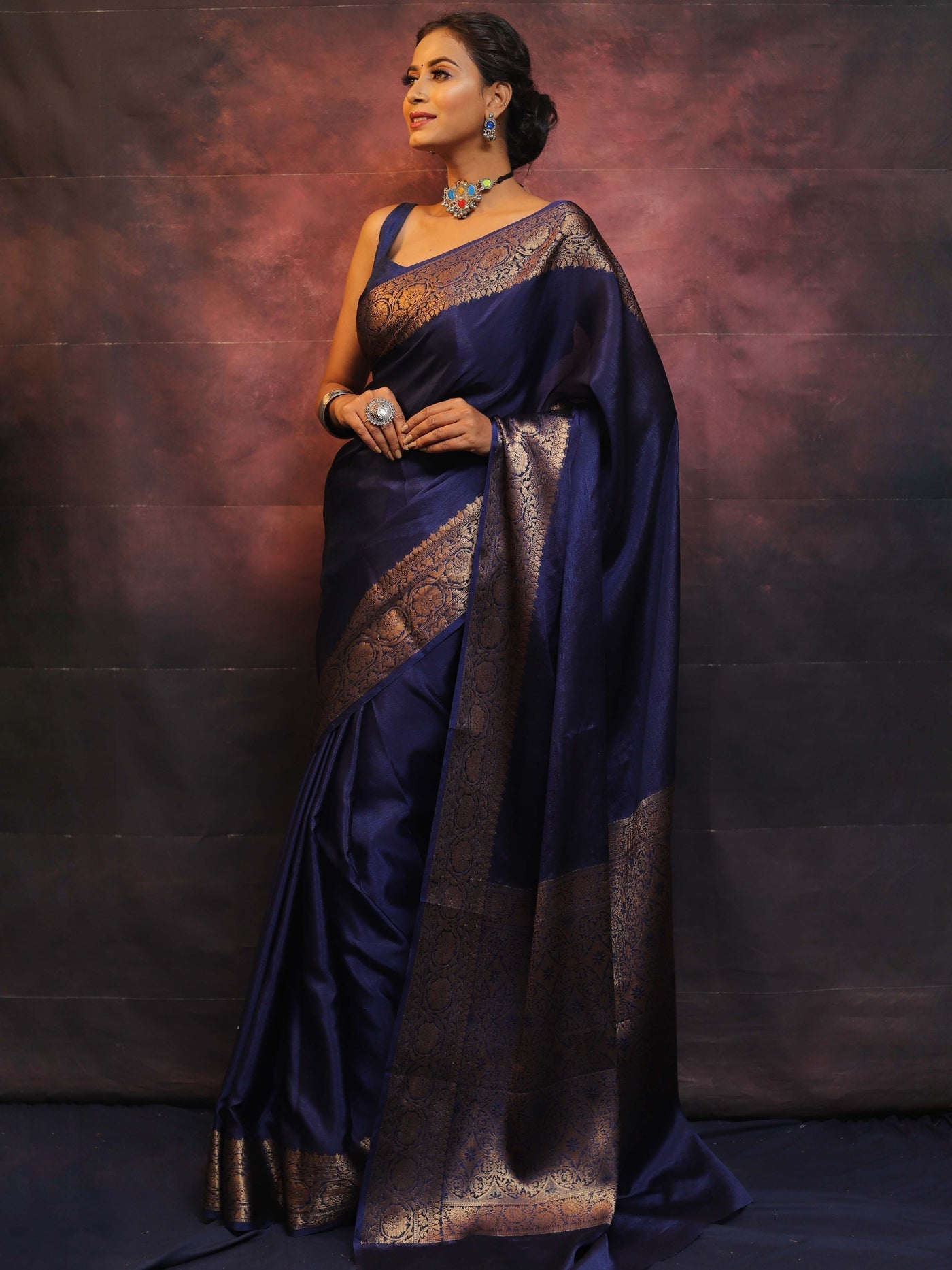 Blue Pure Kanjivaram Silk Weaved With Copper Zari Comes With Heavy Kanjivaram Brocade Blouse - Almaari Fashion