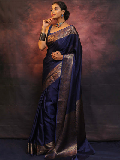 Blue Pure Kanjivaram Silk Weaved With Copper Zari Comes With Heavy Kanjivaram Brocade Blouse - Almaari Fashion