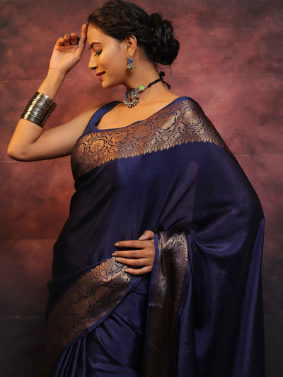 Blue Pure Kanjivaram Silk Weaved With Copper Zari Comes With Heavy Kanjivaram Brocade Blouse - Almaari Fashion