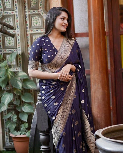 Blue Pure Pure Banarasi Silk With Confounding Blouse Piece - Almaari Fashion