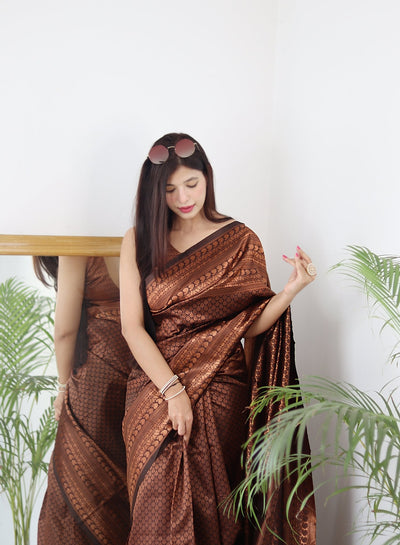 Brown Pure Kanjivaram Silk With Confounding Blouse Piece - Almaari Fashion