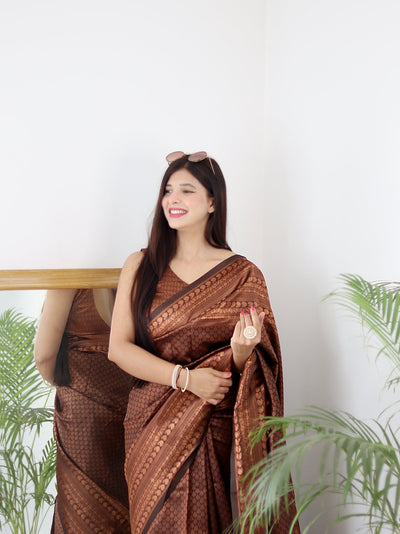 Brown Pure Kanjivaram Silk With Confounding Blouse Piece - Almaari Fashion