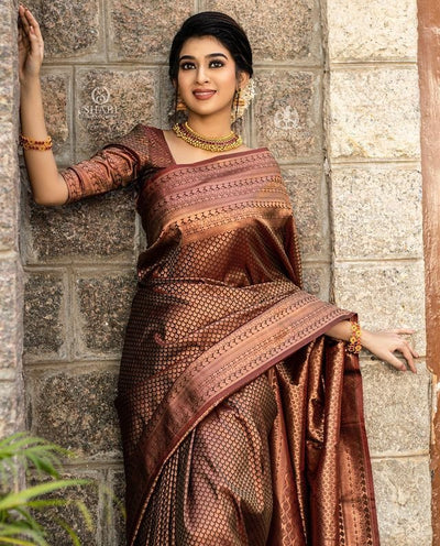 Brown Pure Kanjivaram Silk With Confounding Blouse Piece - Almaari Fashion