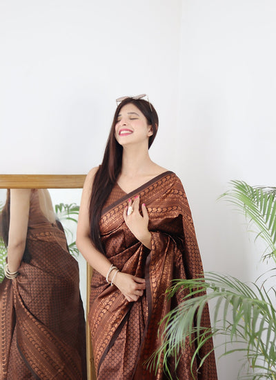 Brown Pure Kanjivaram Silk With Confounding Blouse Piece - Almaari Fashion