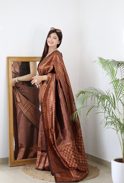 Brown Pure Kanjivaram Silk With Confounding Blouse Piece - Almaari Fashion