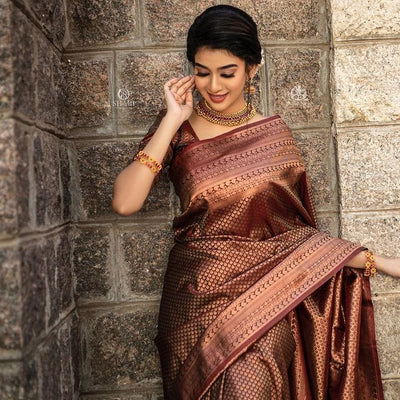 Brown Pure Kanjivaram Silk With Confounding Blouse Piece - Almaari Fashion