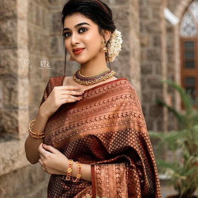 Brown Pure Kanjivaram Silk With Confounding Blouse Piece - Almaari Fashion