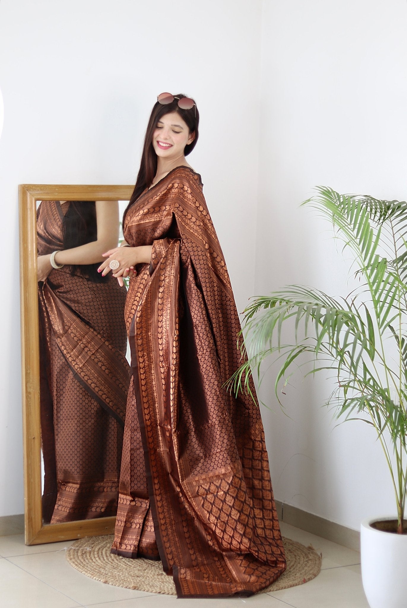 Brown Pure Kanjivaram Silk With Confounding Blouse Piece - Almaari Fashion