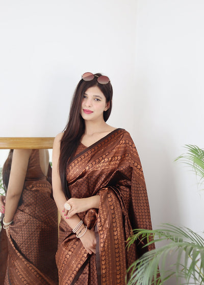 Brown Pure Kanjivaram Silk With Confounding Blouse Piece - Almaari Fashion