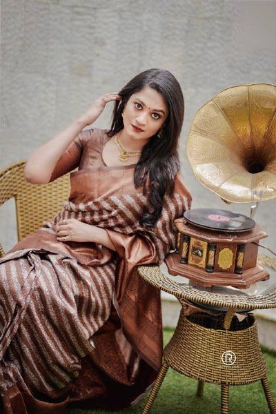 Coffee Pure Banarasi Silk Saree With Felicitous Blouse Piece - Almaari Fashion