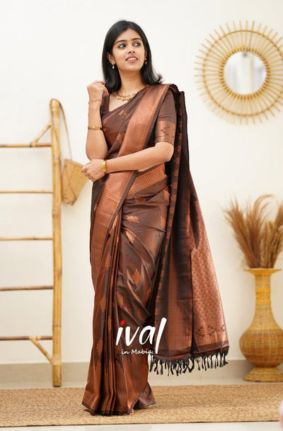 Coffee Pure Kanjivaram Silk With Confounding Blouse Piece - Almaari Fashion