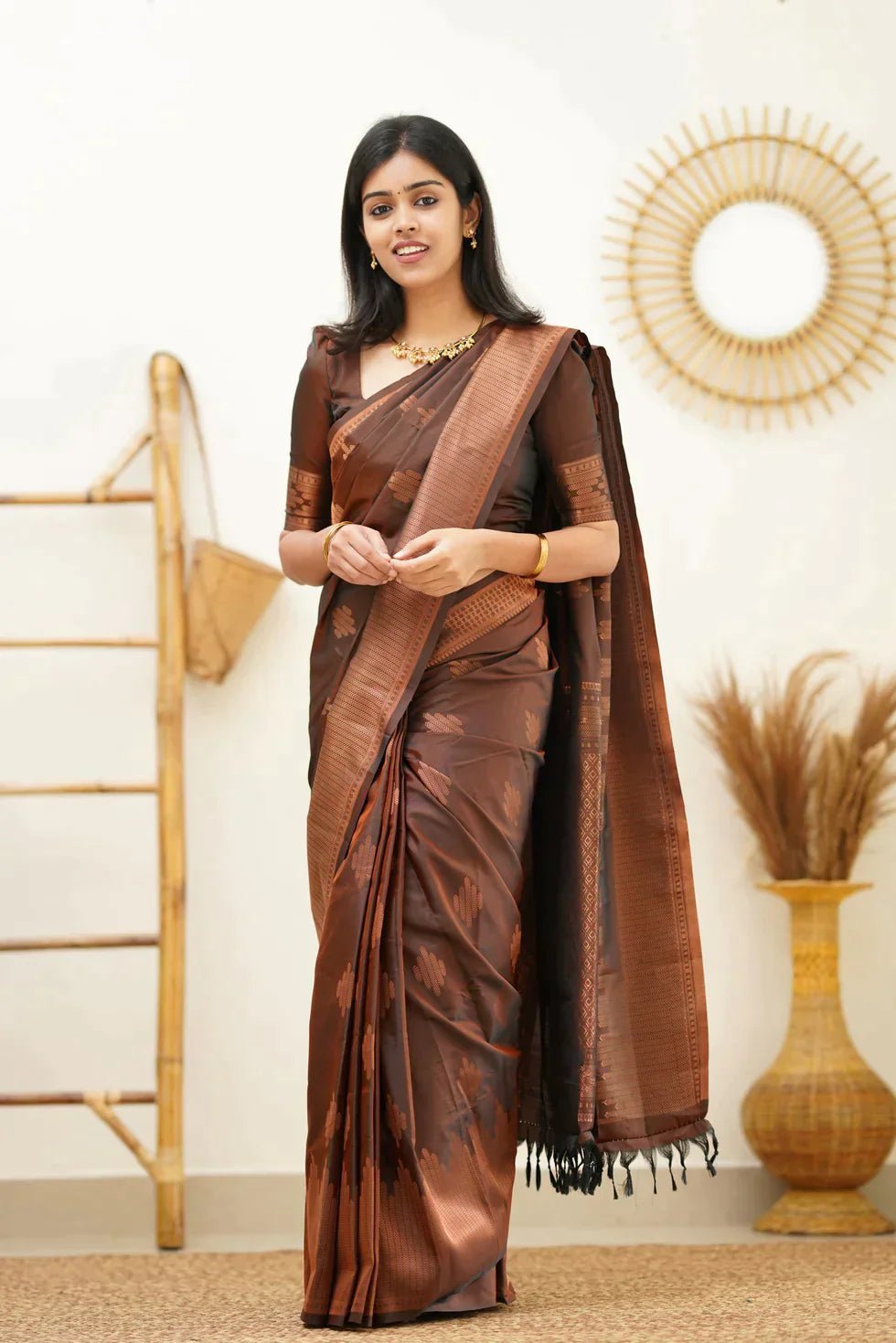 Coffee Pure Kanjivaram Silk With Confounding Blouse Piece - Almaari Fashion