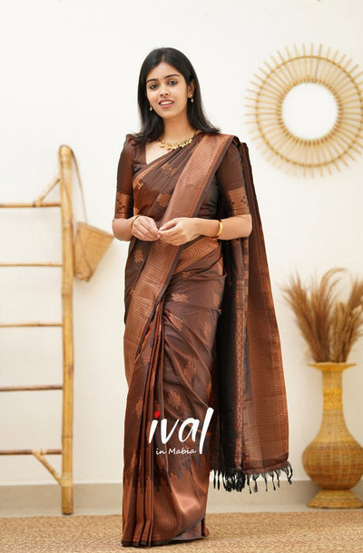 Coffee Pure Kanjivaram Silk With Confounding Blouse Piece - Almaari Fashion