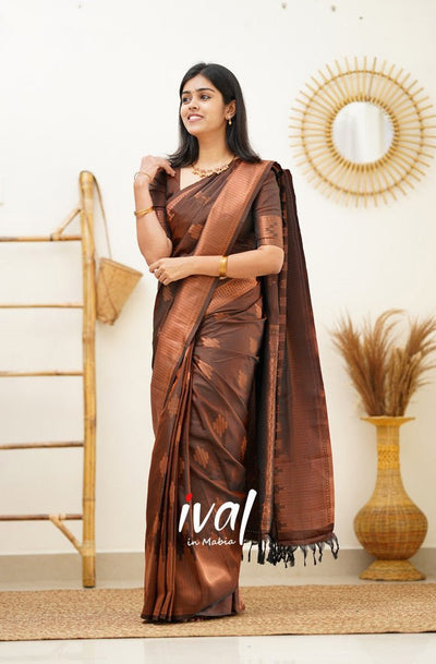 Coffee Pure Kanjivaram Silk With Confounding Blouse Piece - Almaari Fashion