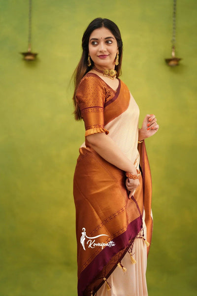 Cream & Maroon Pure Kanjivaram Silk With Twirling Blouse Piece - Almaari Fashion