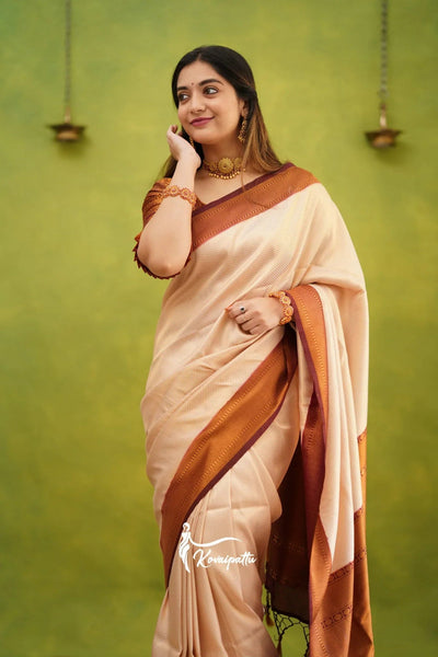 Cream & Maroon Pure Kanjivaram Silk With Twirling Blouse Piece - Almaari Fashion