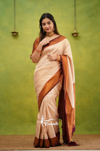 Cream & Maroon Pure Kanjivaram Silk With Twirling Blouse Piece - Almaari Fashion