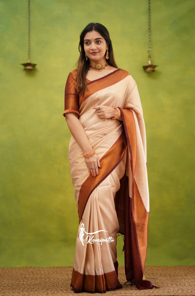 Cream & Maroon Pure Kanjivaram Silk With Twirling Blouse Piece - Almaari Fashion